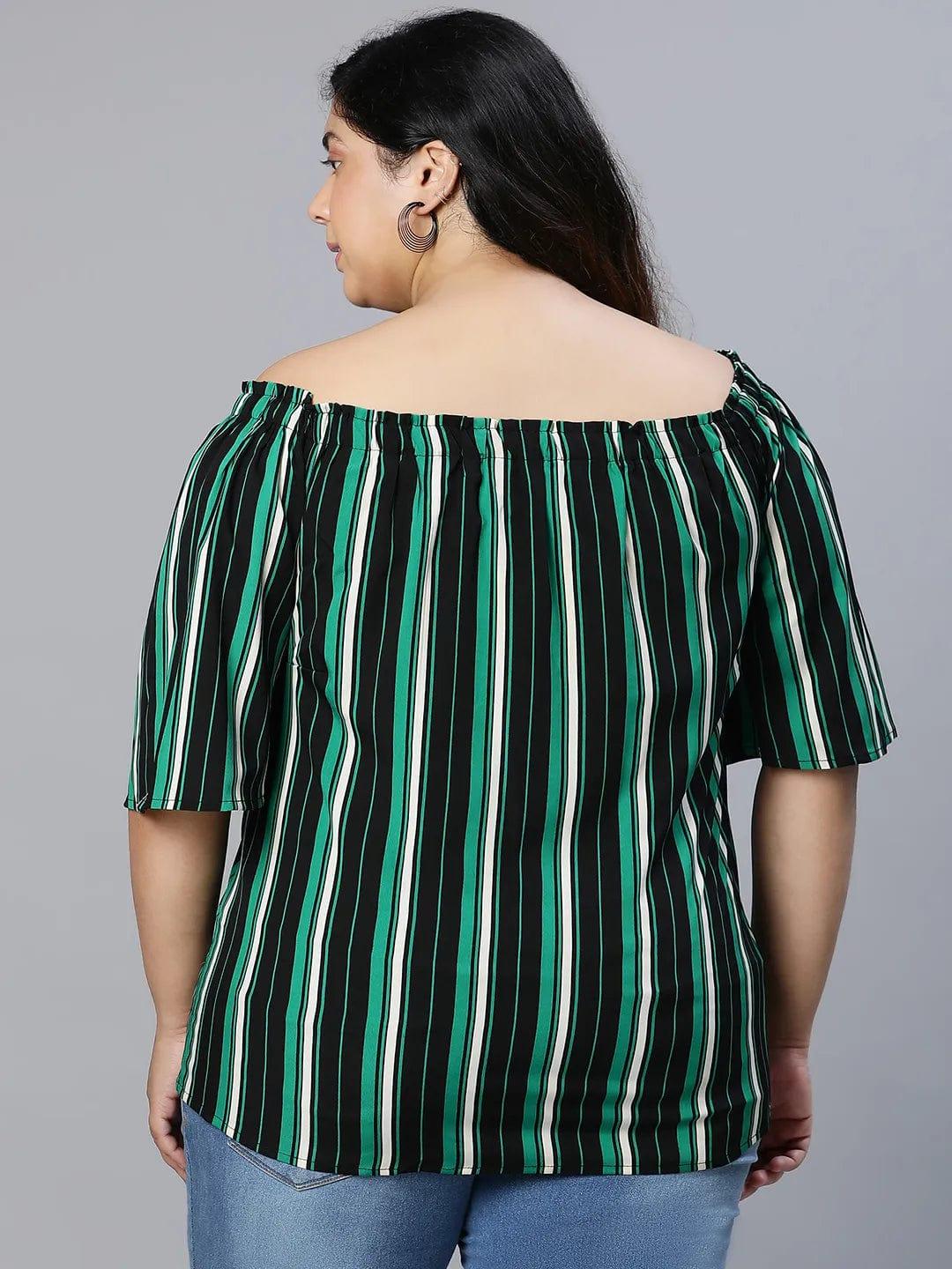 Multicolor Stripe Print Bardot Women Plus Size Top