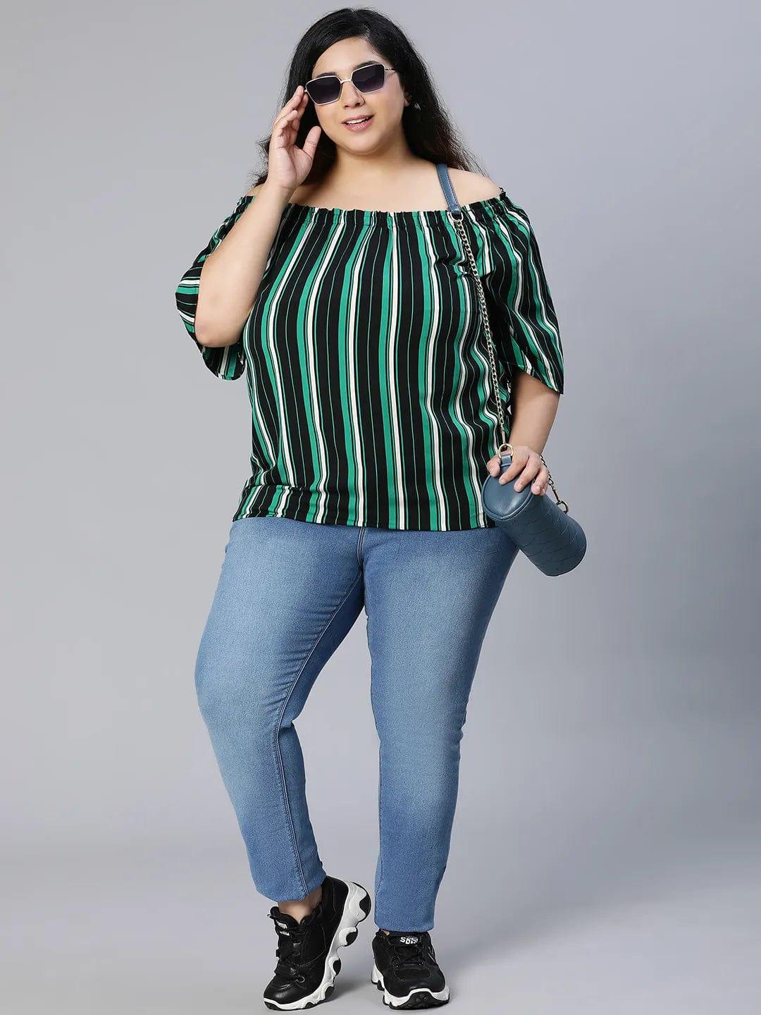 Multicolor Stripe Print Bardot Women Plus Size Top