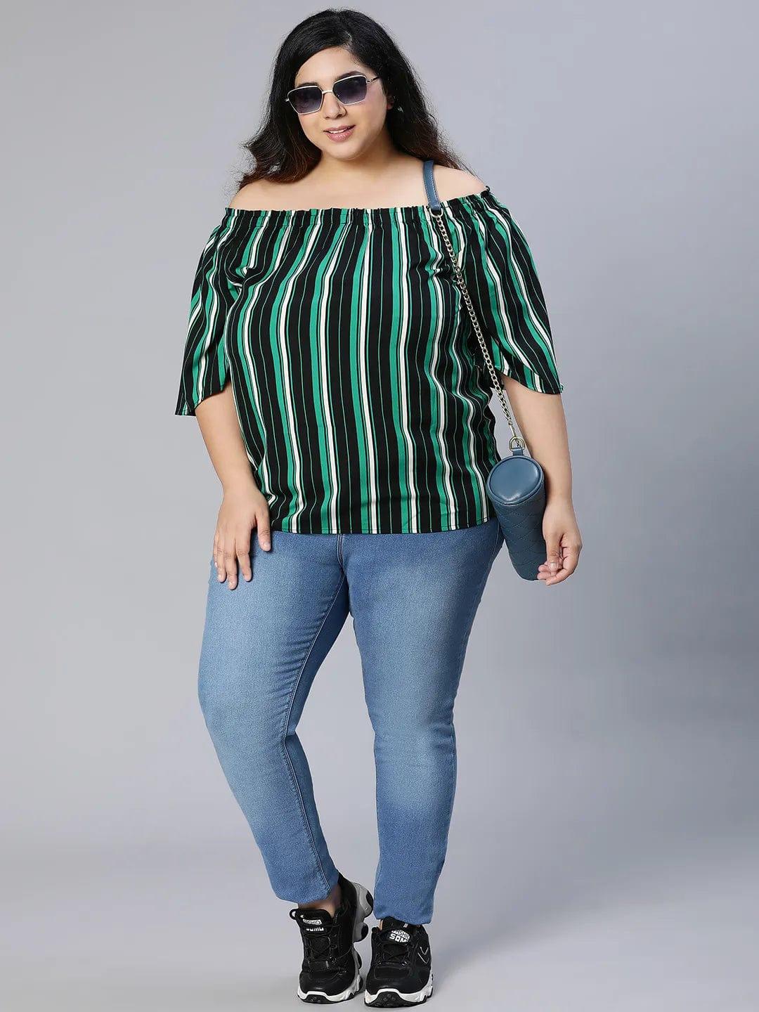 Multicolor Stripe Print Bardot Women Plus Size Top