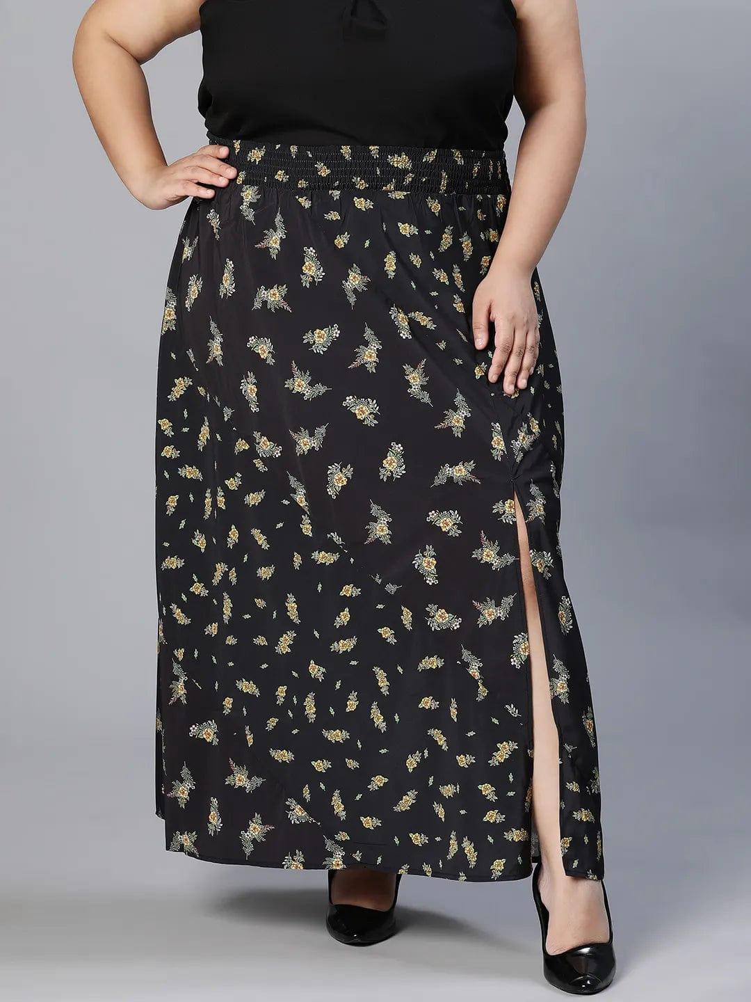 Basic Black Floral Print Elsaticated Women Plus Size Dress