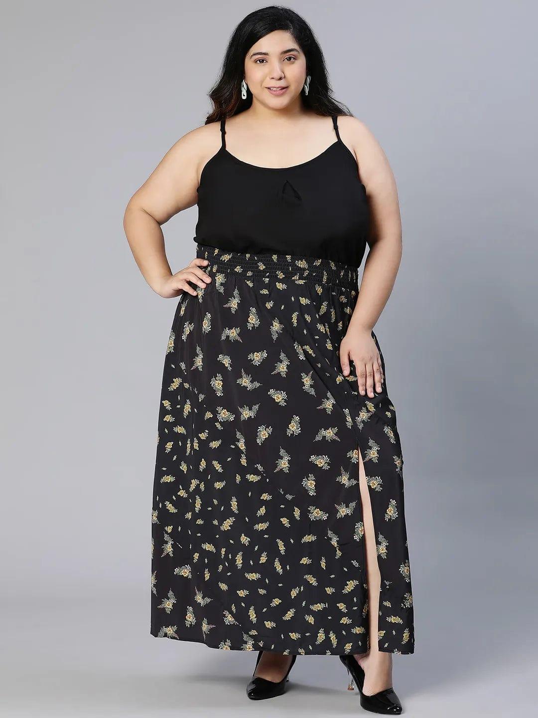 Basic Black Floral Print Elsaticated Women Plus Size Dress