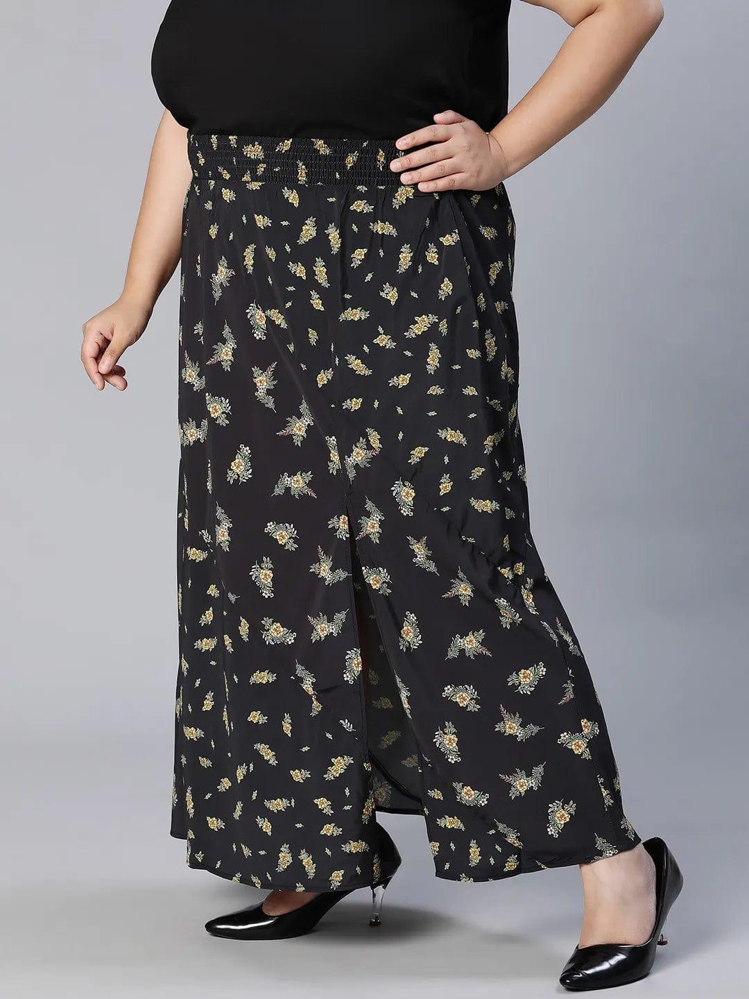 Basic Black Floral Print Elsaticated Women Plus Size Dress