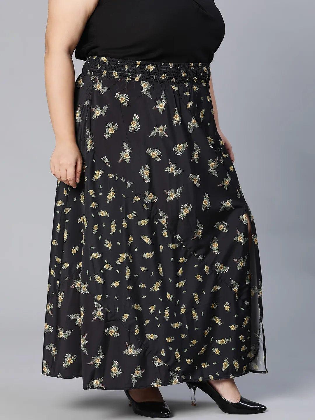 Basic Black Floral Print Elsaticated Women Plus Size Dress