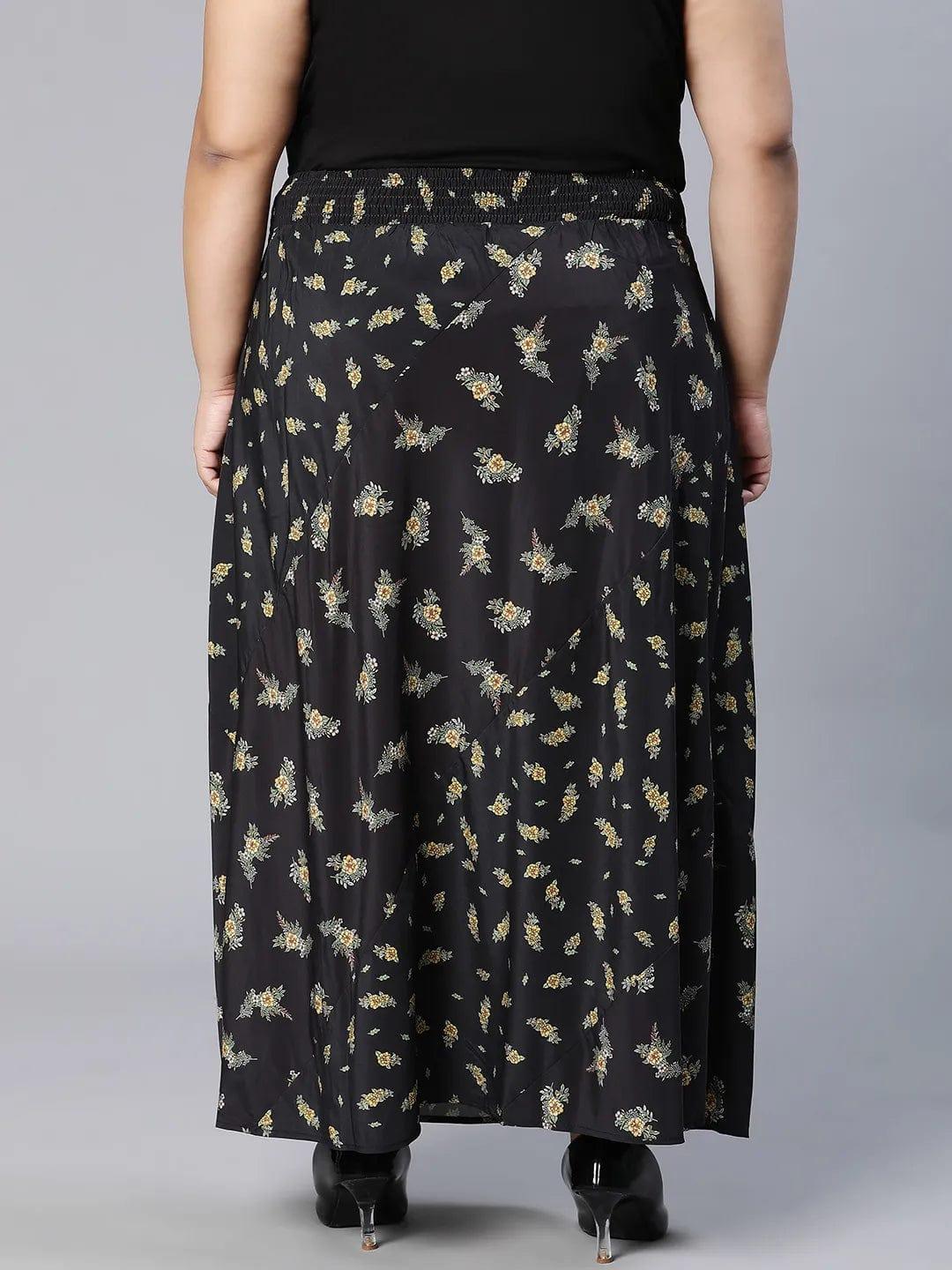 Basic Black Floral Print Elsaticated Women Plus Size Dress