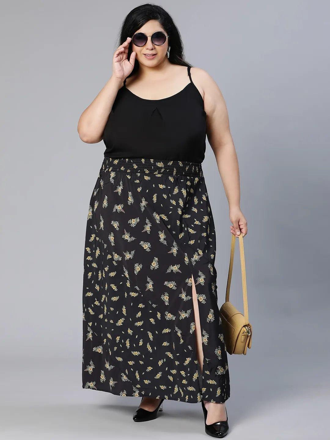 Basic Black Floral Print Elsaticated Women Plus Size Dress