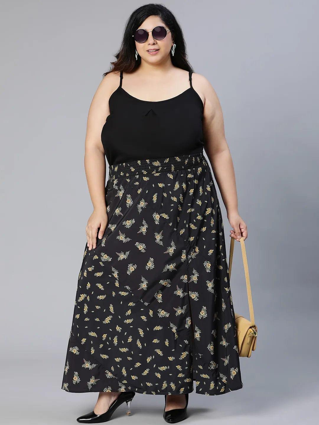 Basic Black Floral Print Elsaticated Women Plus Size Dress