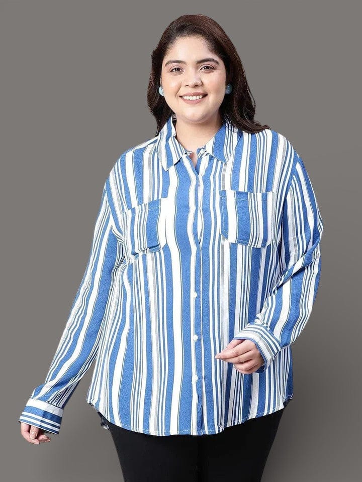 Ornate Blue Stripe Print Plus Size Women Shirt Today
