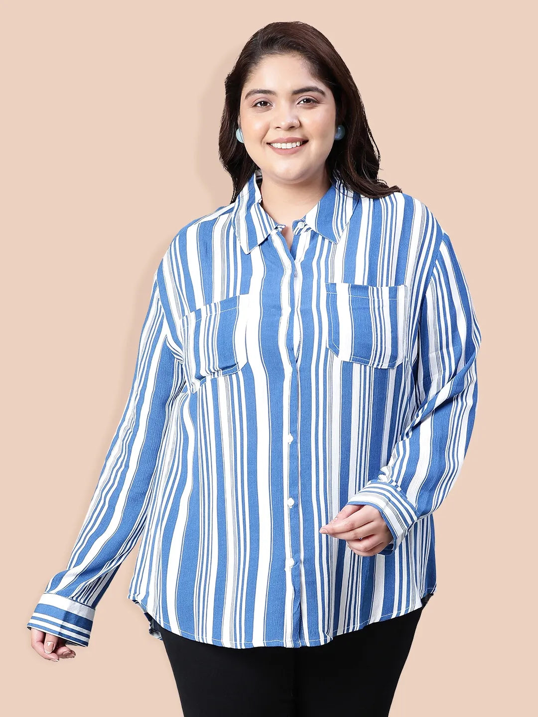 Ornate Blue Stripe Print Plus Size Women Shirt Today