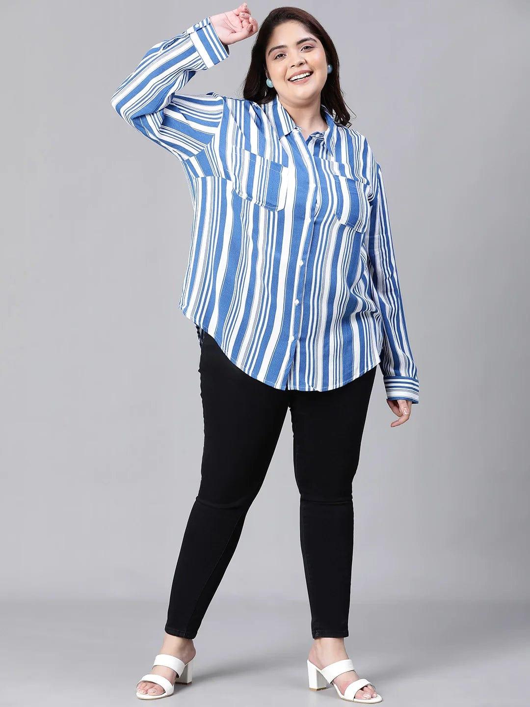 Ornate Blue Stripe Print Plus Size Women Shirt Today