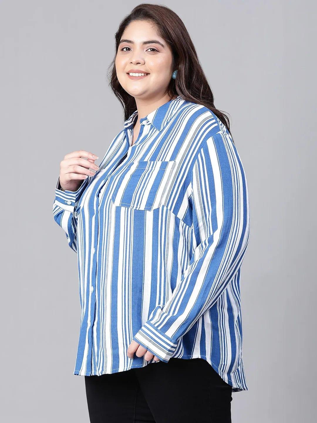 Ornate Blue Stripe Print Plus Size Women Shirt Today