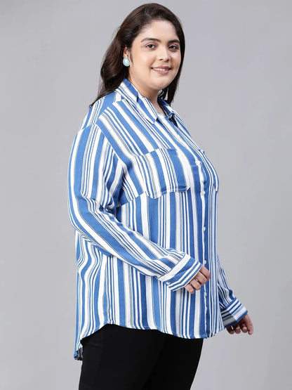 Ornate Blue Stripe Print Plus Size Women Shirt Today