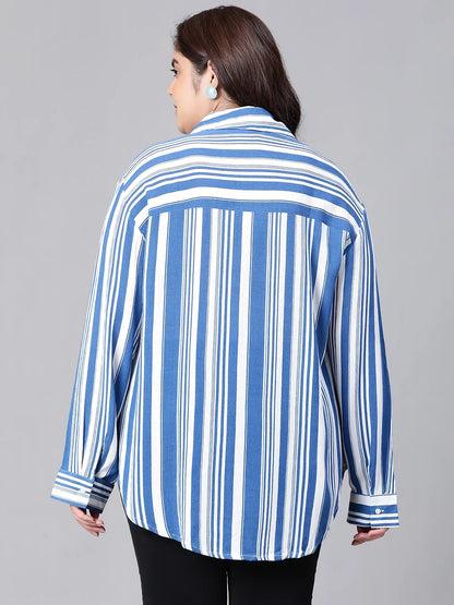 Ornate Blue Stripe Print Plus Size Women Shirt Today