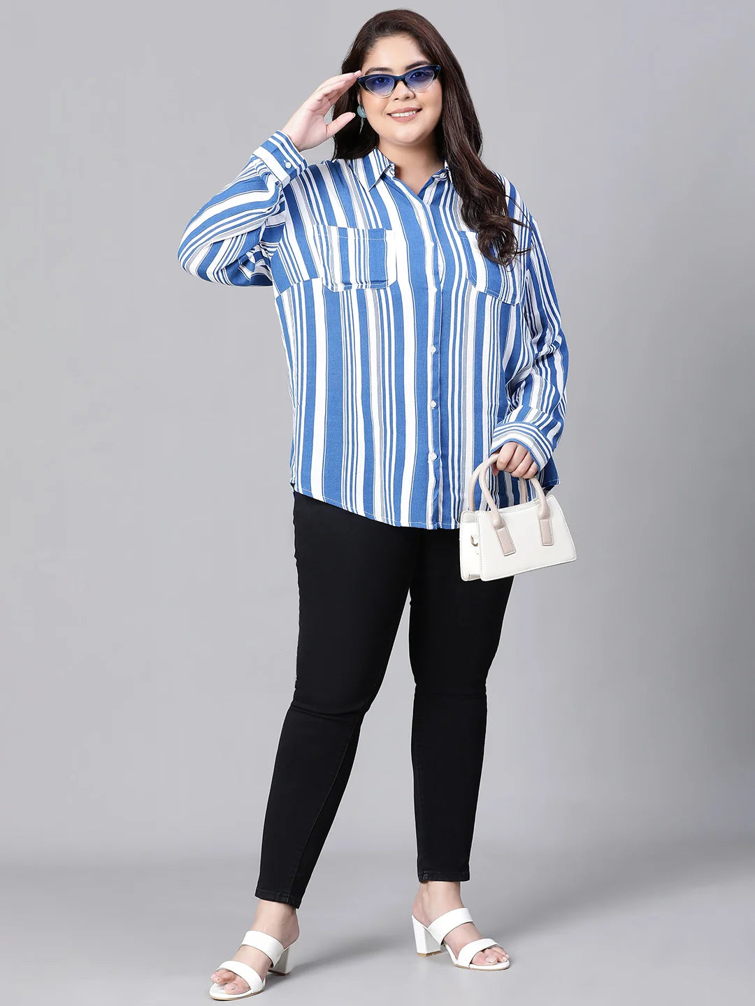 Ornate Blue Stripe Print Plus Size Women Shirt Today