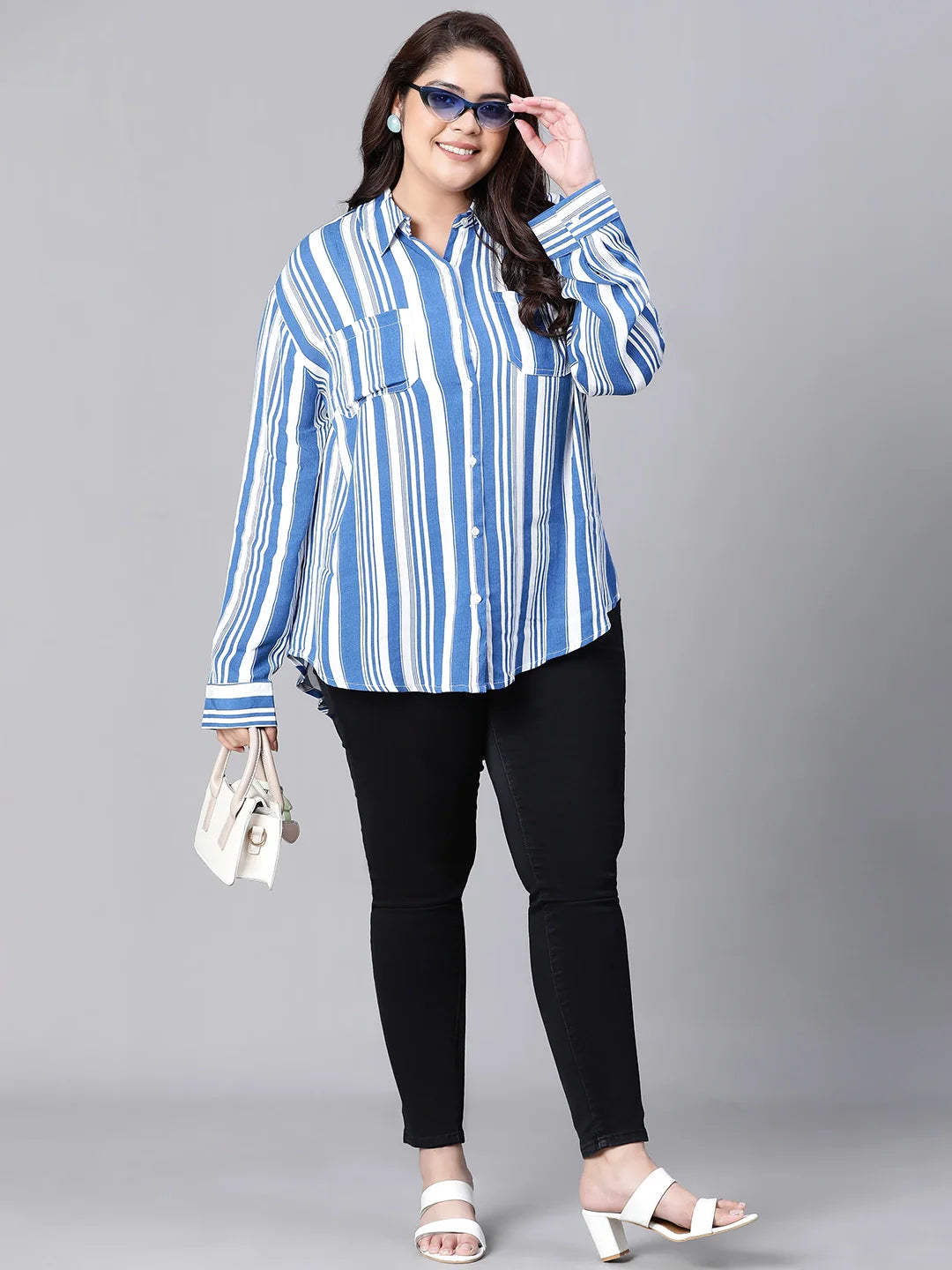 Ornate Blue Stripe Print Plus Size Women Shirt Today