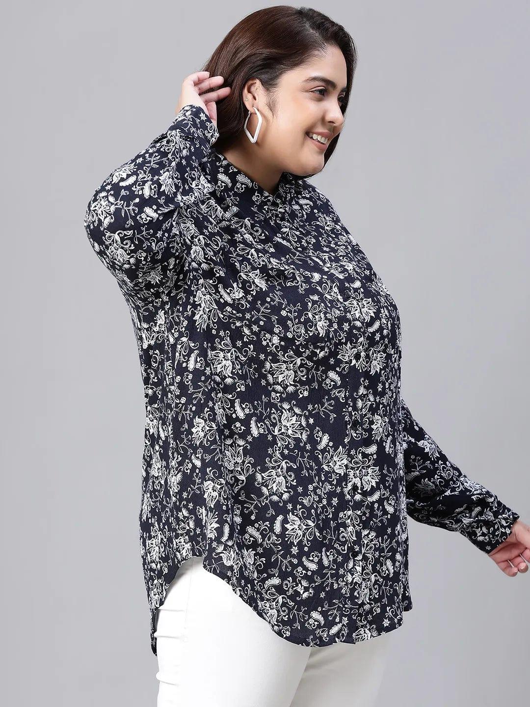 Sheen Black Floral Print Plus Size Women Shirt