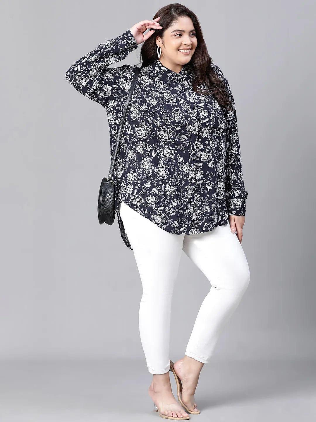 Sheen Black Floral Print Plus Size Women Shirt