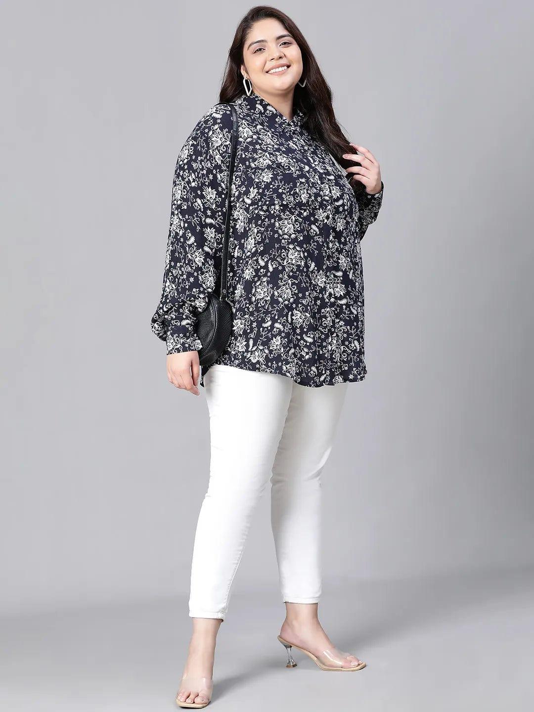 Sheen Black Floral Print Plus Size Women Shirt