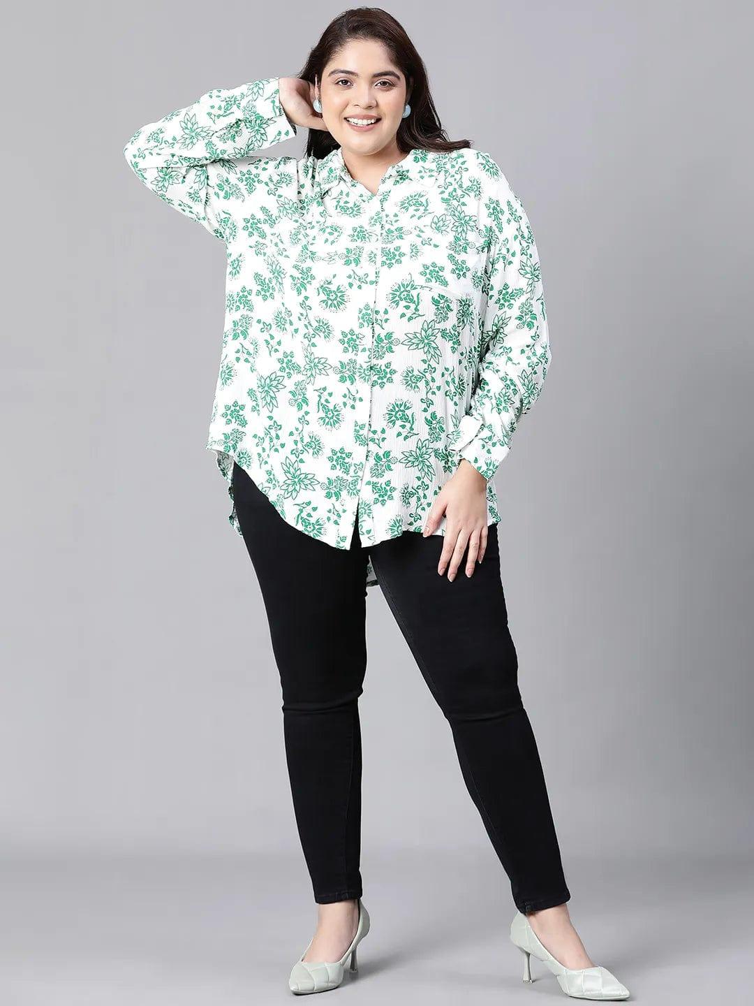 Varnish Green Floral Print Plus Size Women Shirt