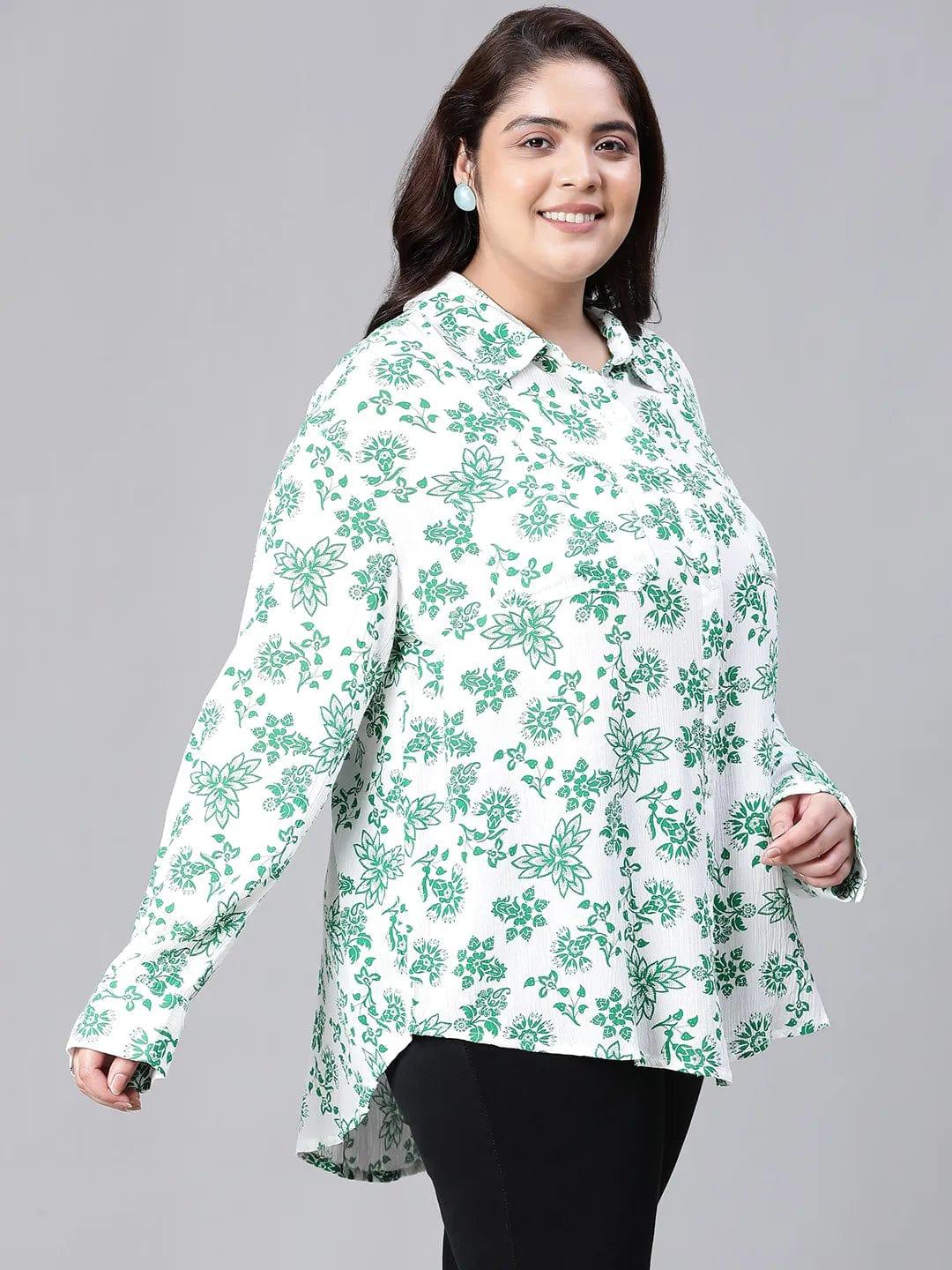 Varnish Green Floral Print Plus Size Women Shirt