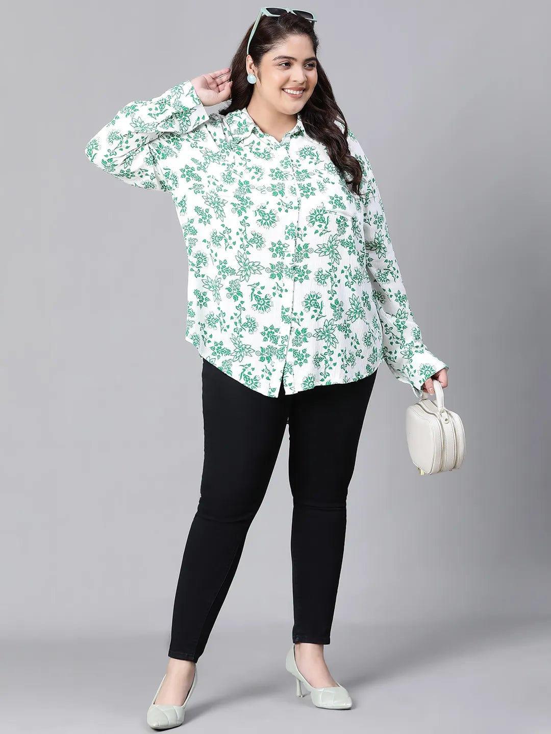 Varnish Green Floral Print Plus Size Women Shirt