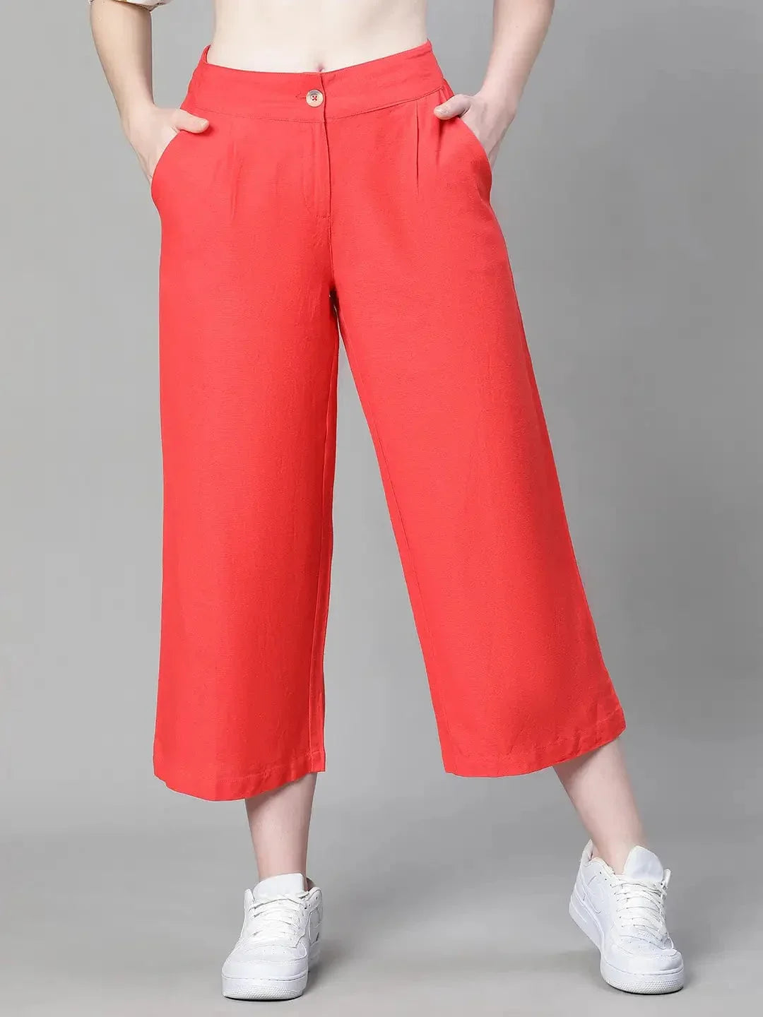 Women Solid Red Elasticated Button Pant - oxolloxo