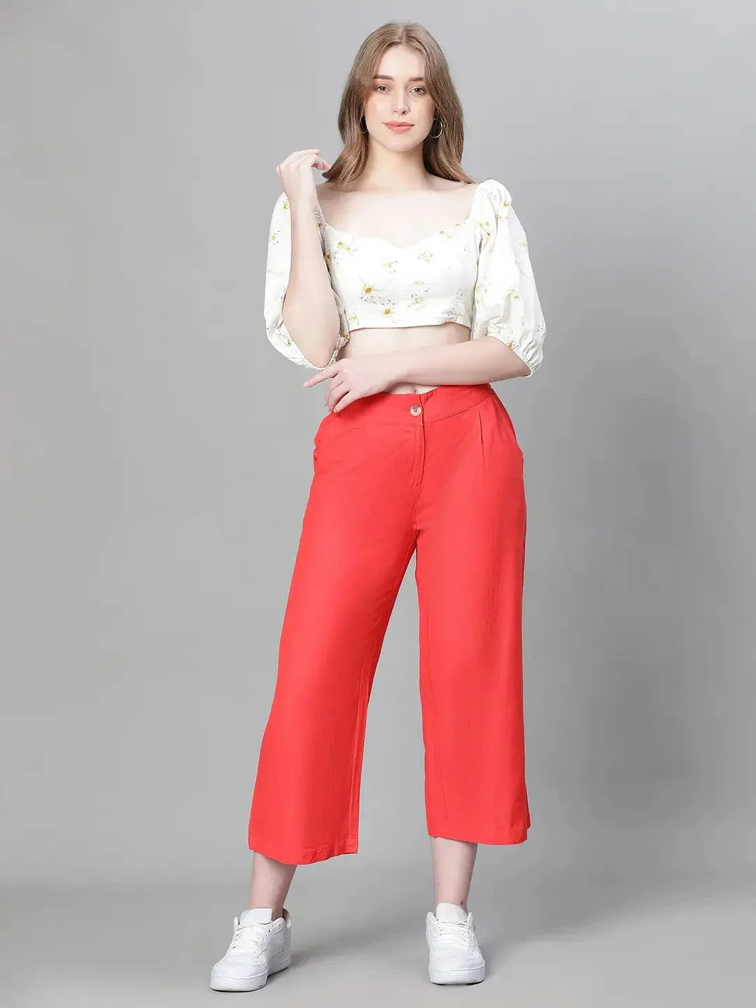 Women Solid Red Elasticated Button Pant - oxolloxo