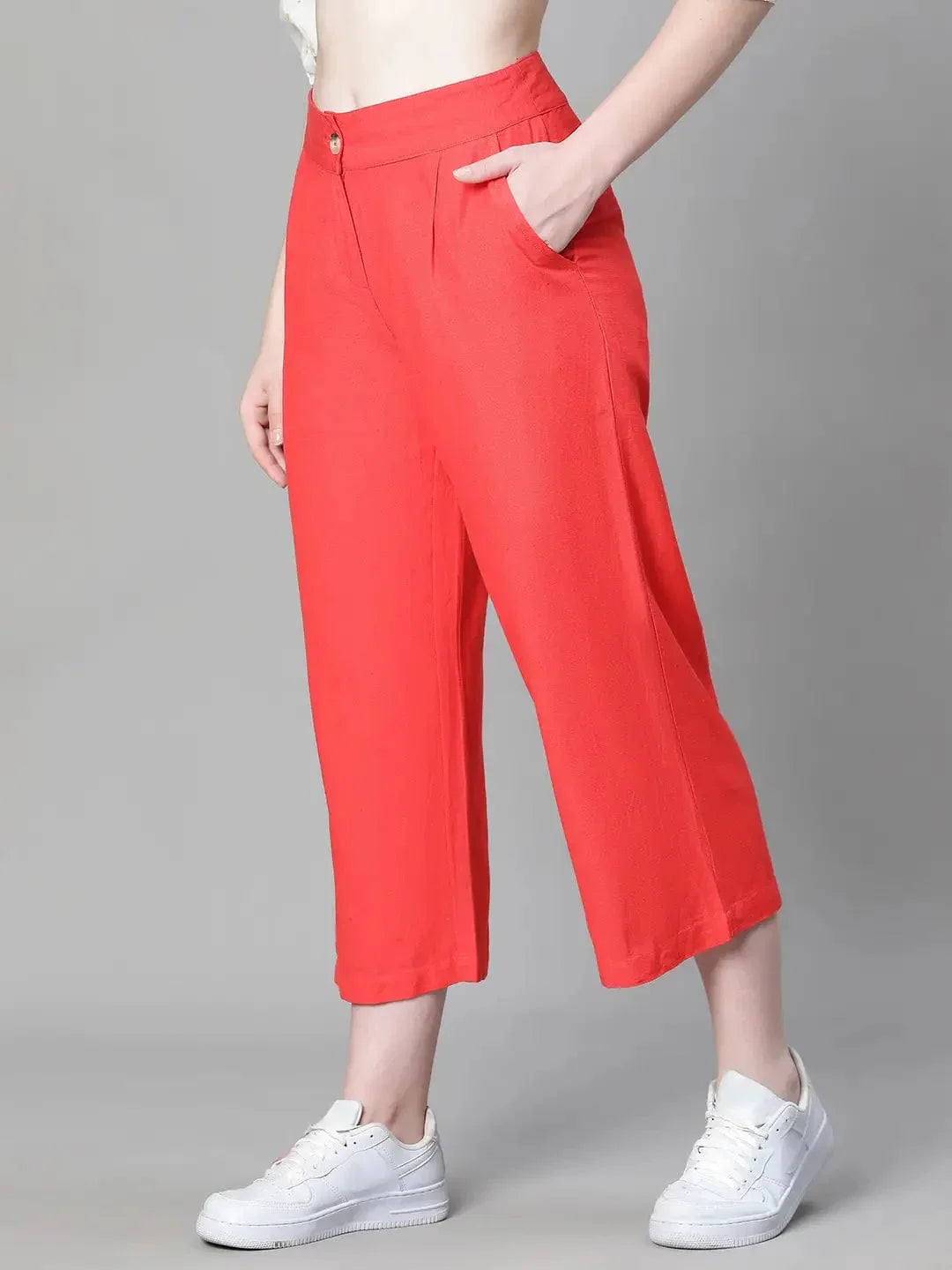Women Solid Red Elasticated Button Pant - oxolloxo