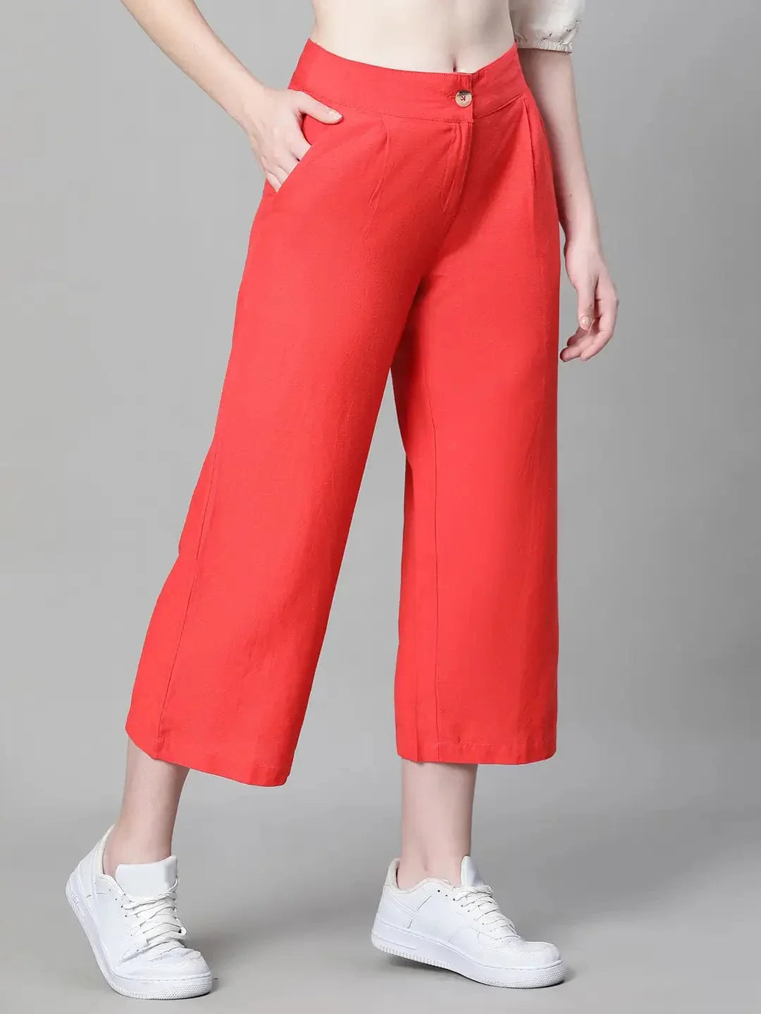 Women Solid Red Elasticated Button Pant - oxolloxo
