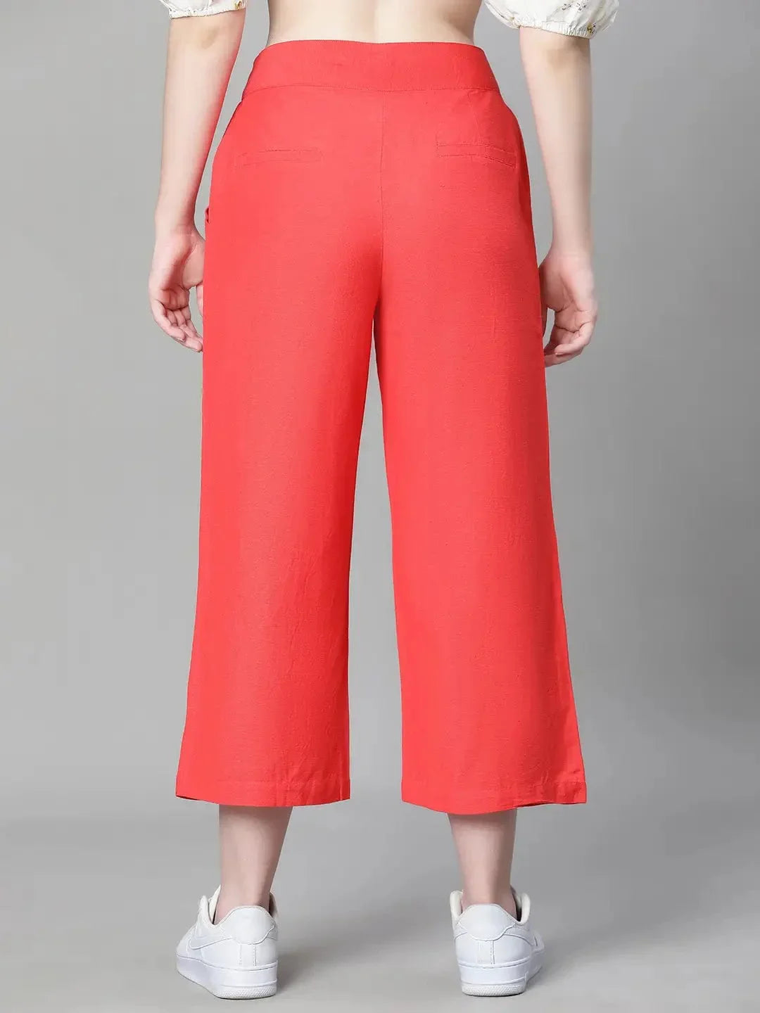 Women Solid Red Elasticated Button Pant - oxolloxo