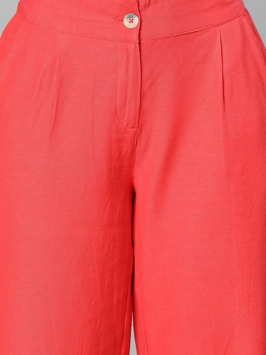 Women Solid Red Elasticated Button Pant - oxolloxo