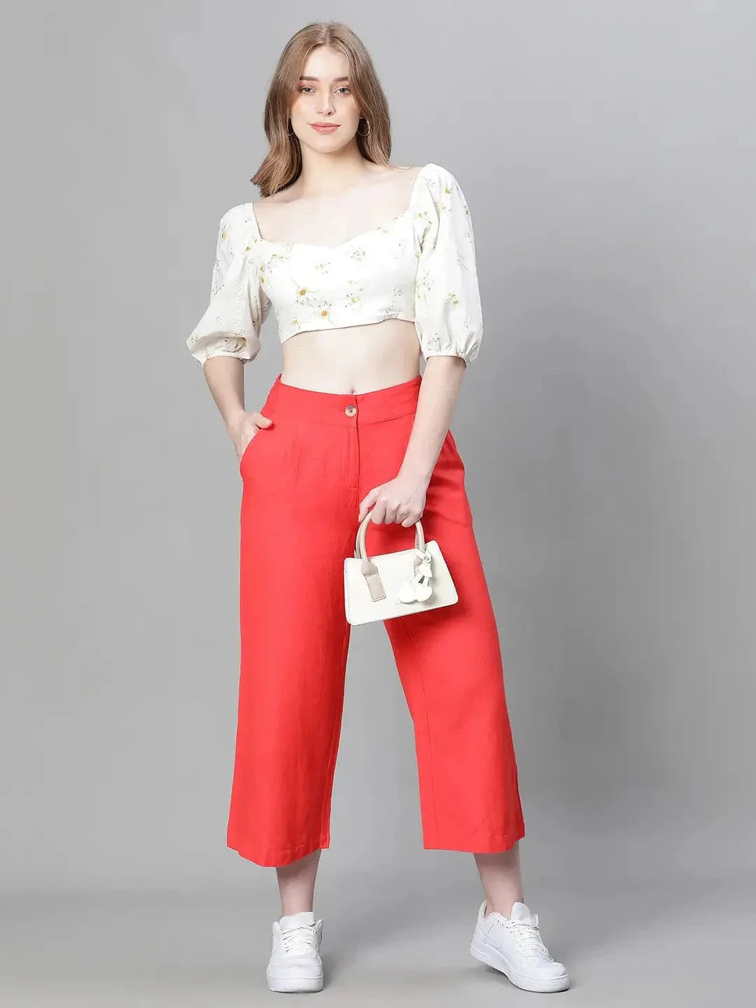 Women Solid Red Elasticated Button Pant - oxolloxo