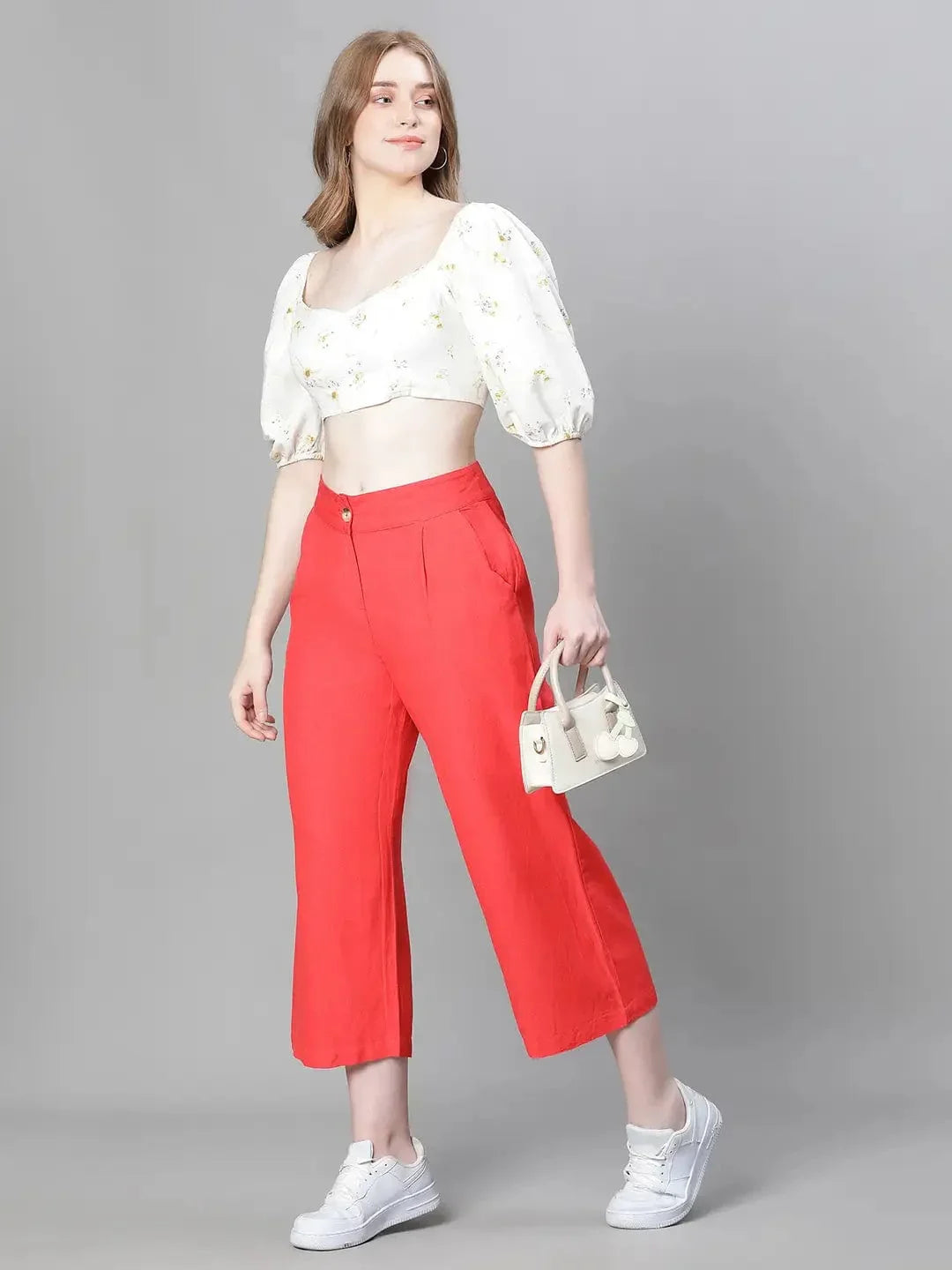 Women Solid Red Elasticated Button Pant - oxolloxo