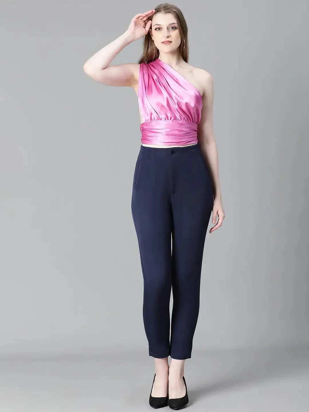 Women Solid Purple Elasticated One-Off Shoulder Partywear Satin Crop Top - oxolloxo