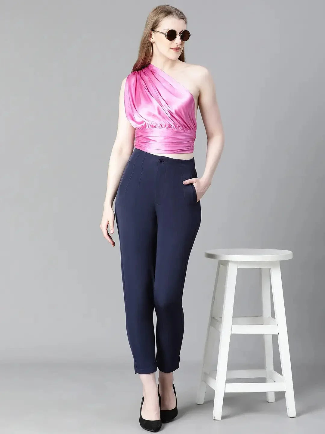 Women Solid Purple Elasticated One-Off Shoulder Partywear Satin Crop Top - oxolloxo