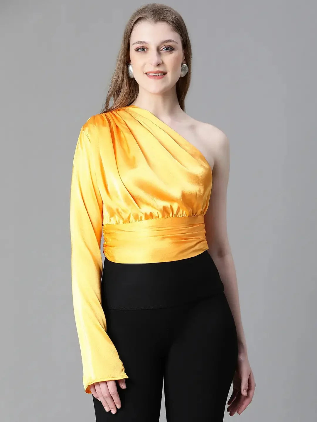 Women Soild Yellow Ealsticated One Off-Shoulder Satin Top - oxolloxo