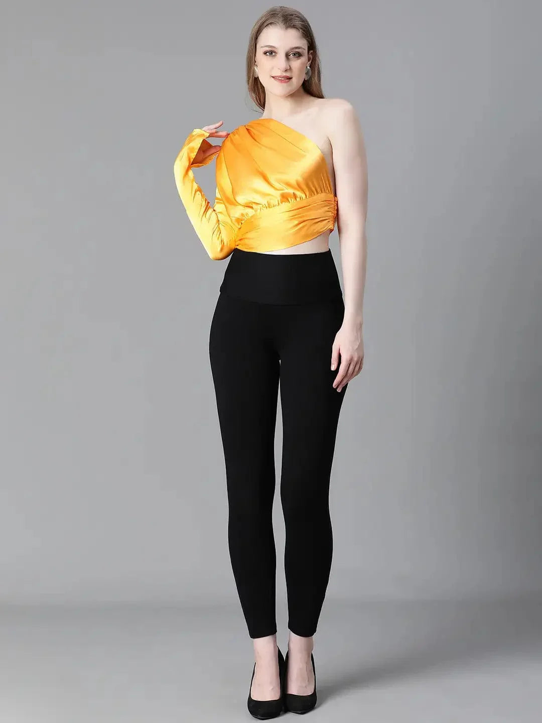 Women Soild Yellow Ealsticated One Off-Shoulder Satin Top - oxolloxo