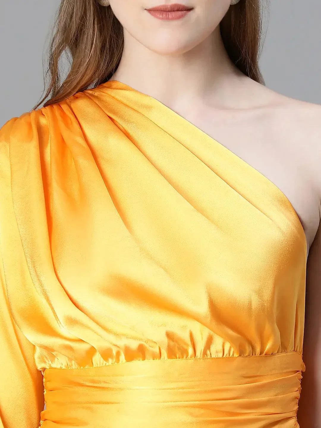 Women Soild Yellow Ealsticated One Off-Shoulder Satin Top - oxolloxo