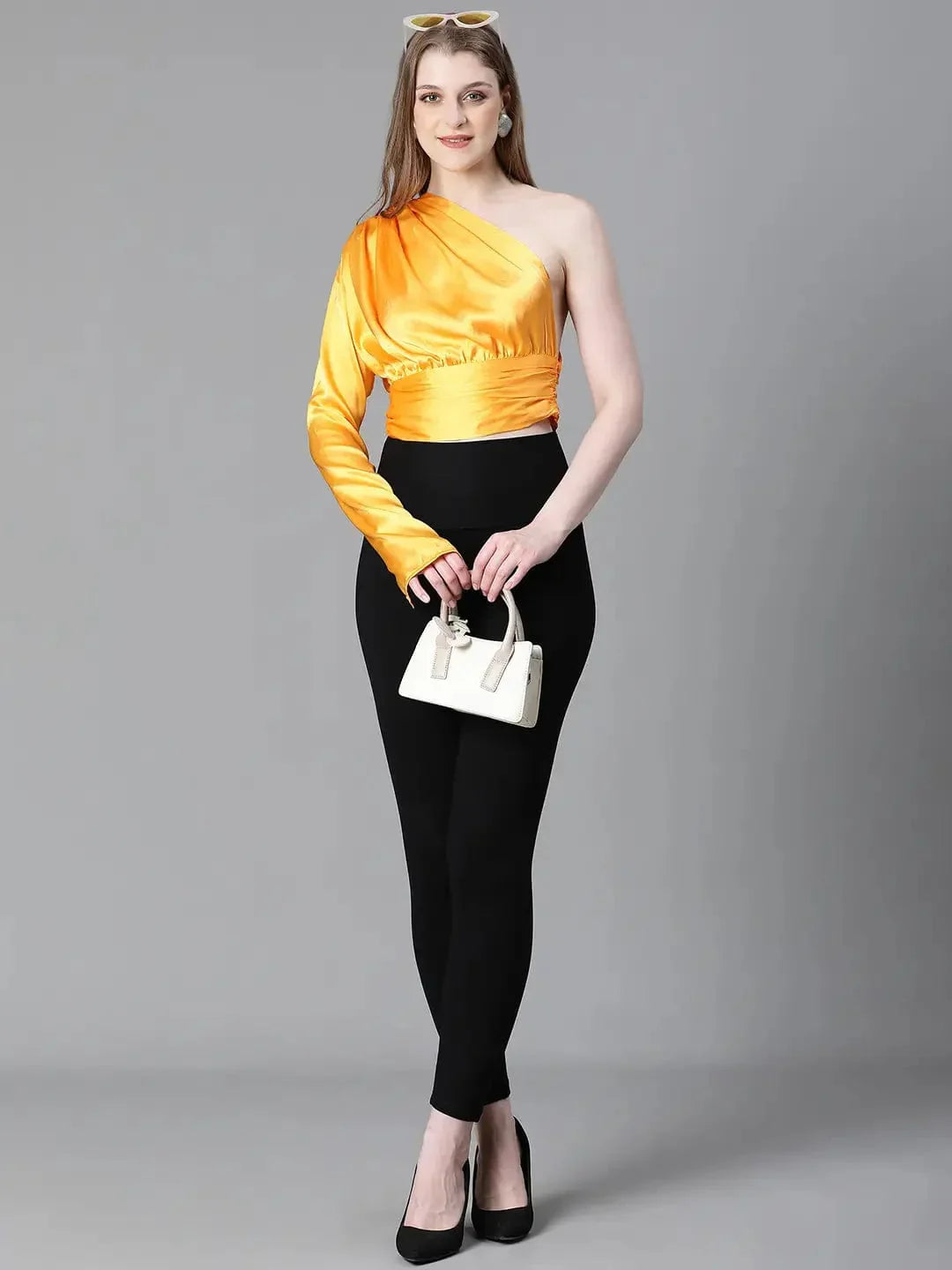 Women Soild Yellow Ealsticated One Off-Shoulder Satin Top - oxolloxo