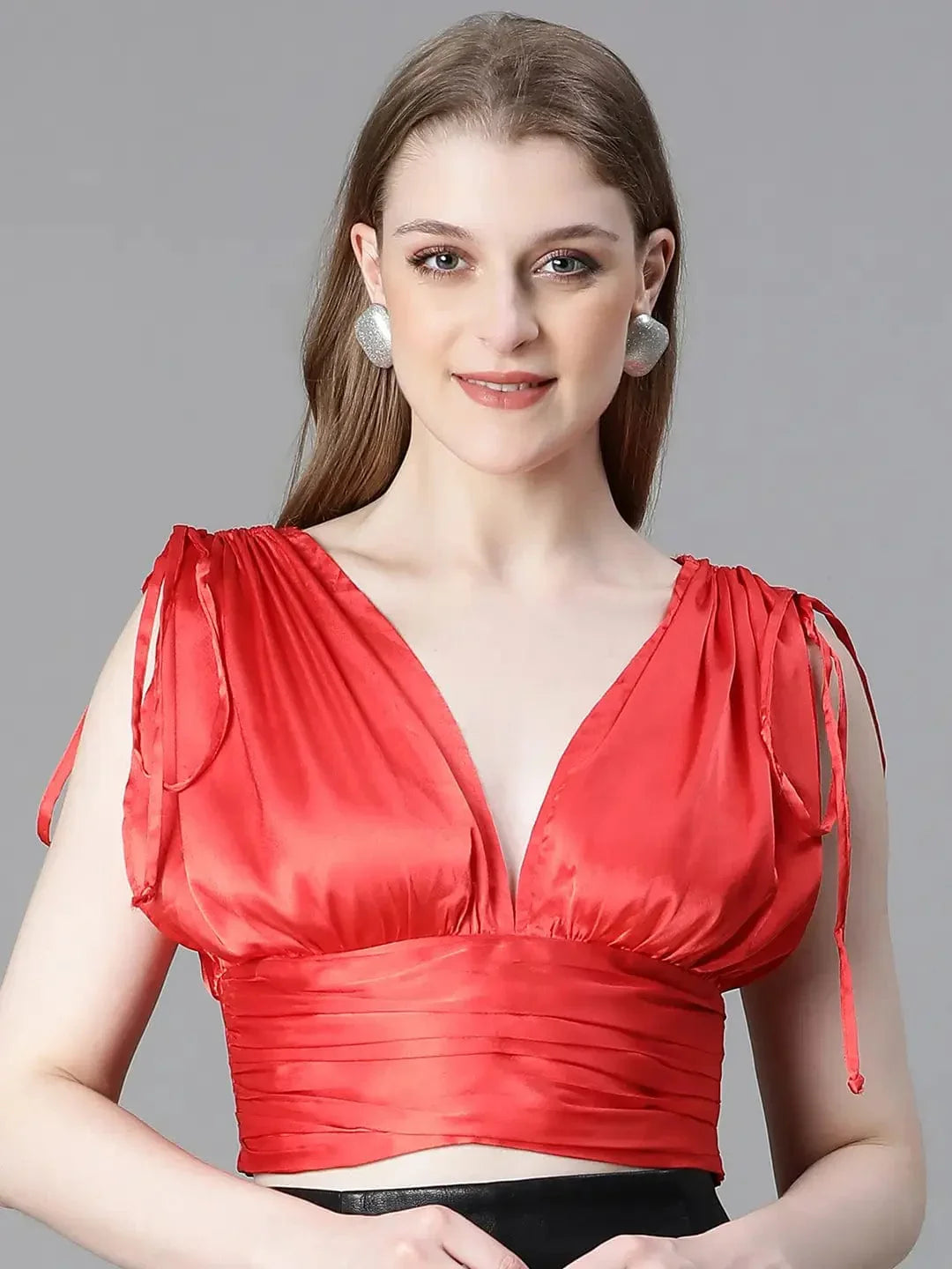 Women Solid Red V-Neck Elasticated Tie-Up Satin Crop Top - oxolloxo