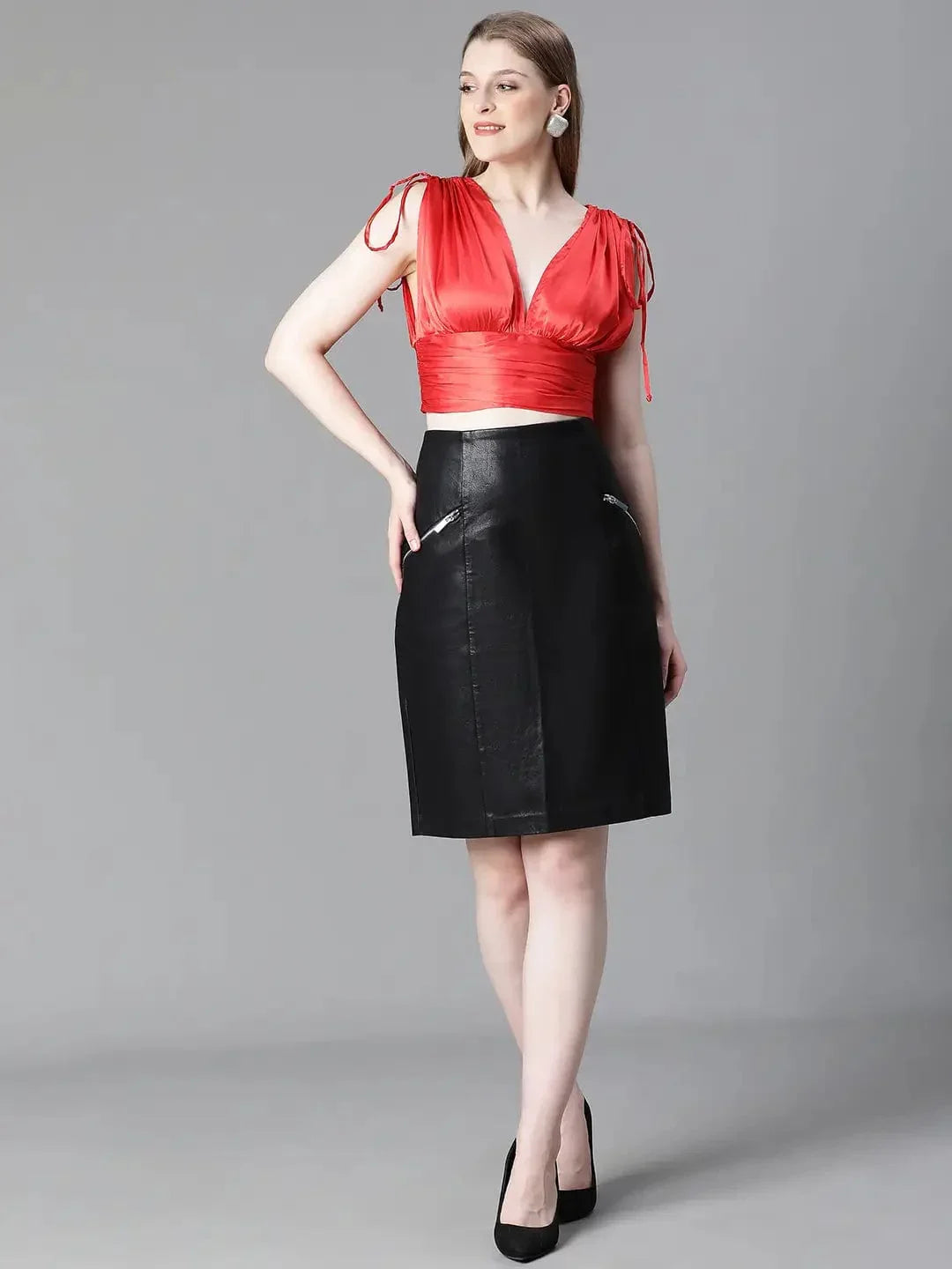 Women Solid Red V-Neck Elasticated Tie-Up Satin Crop Top - oxolloxo