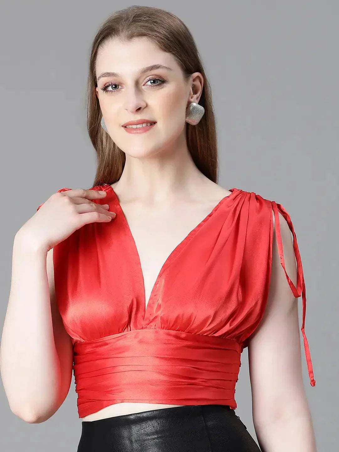 Women Solid Red V-Neck Elasticated Tie-Up Satin Crop Top - oxolloxo