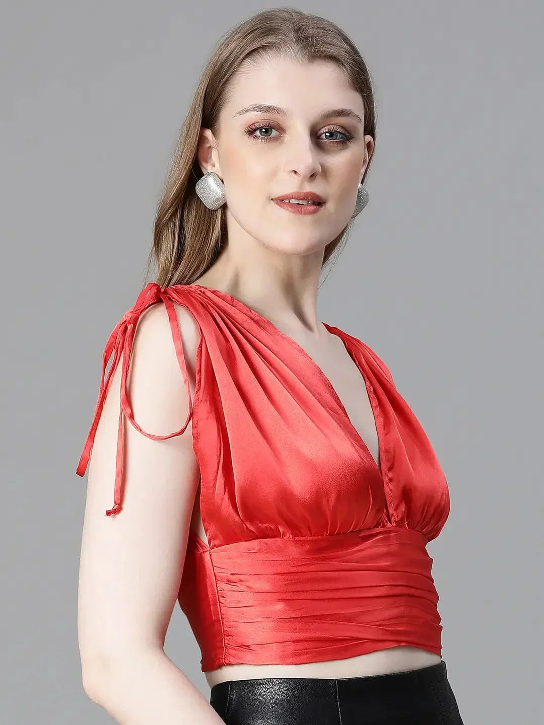 Women Solid Red V-Neck Elasticated Tie-Up Satin Crop Top - oxolloxo