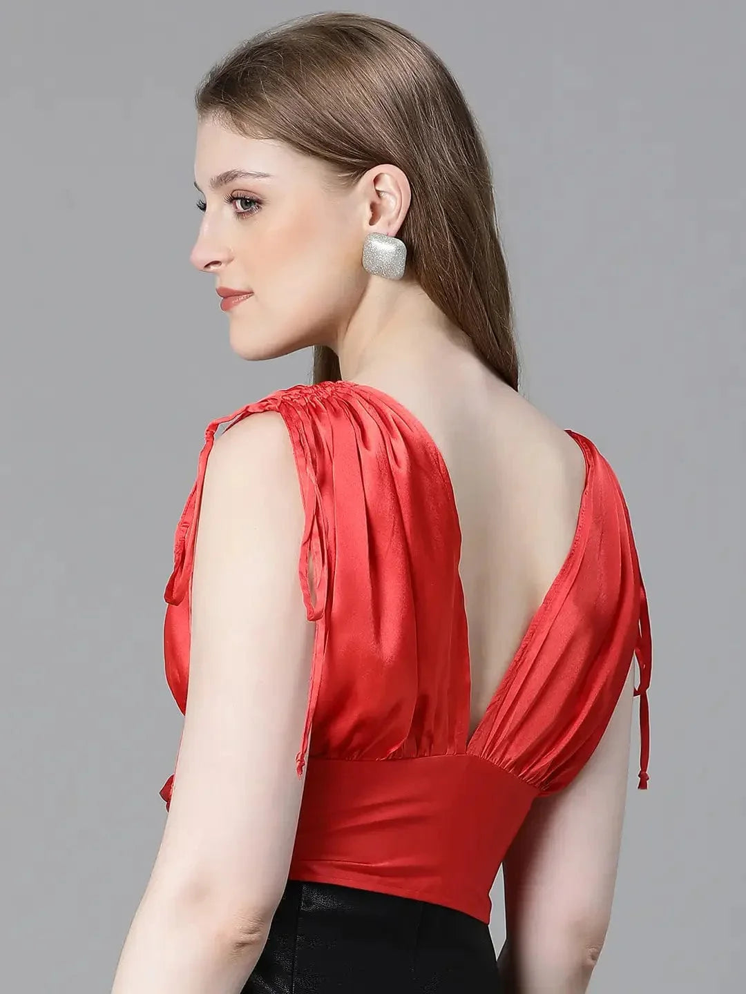 Women Solid Red V-Neck Elasticated Tie-Up Satin Crop Top - oxolloxo