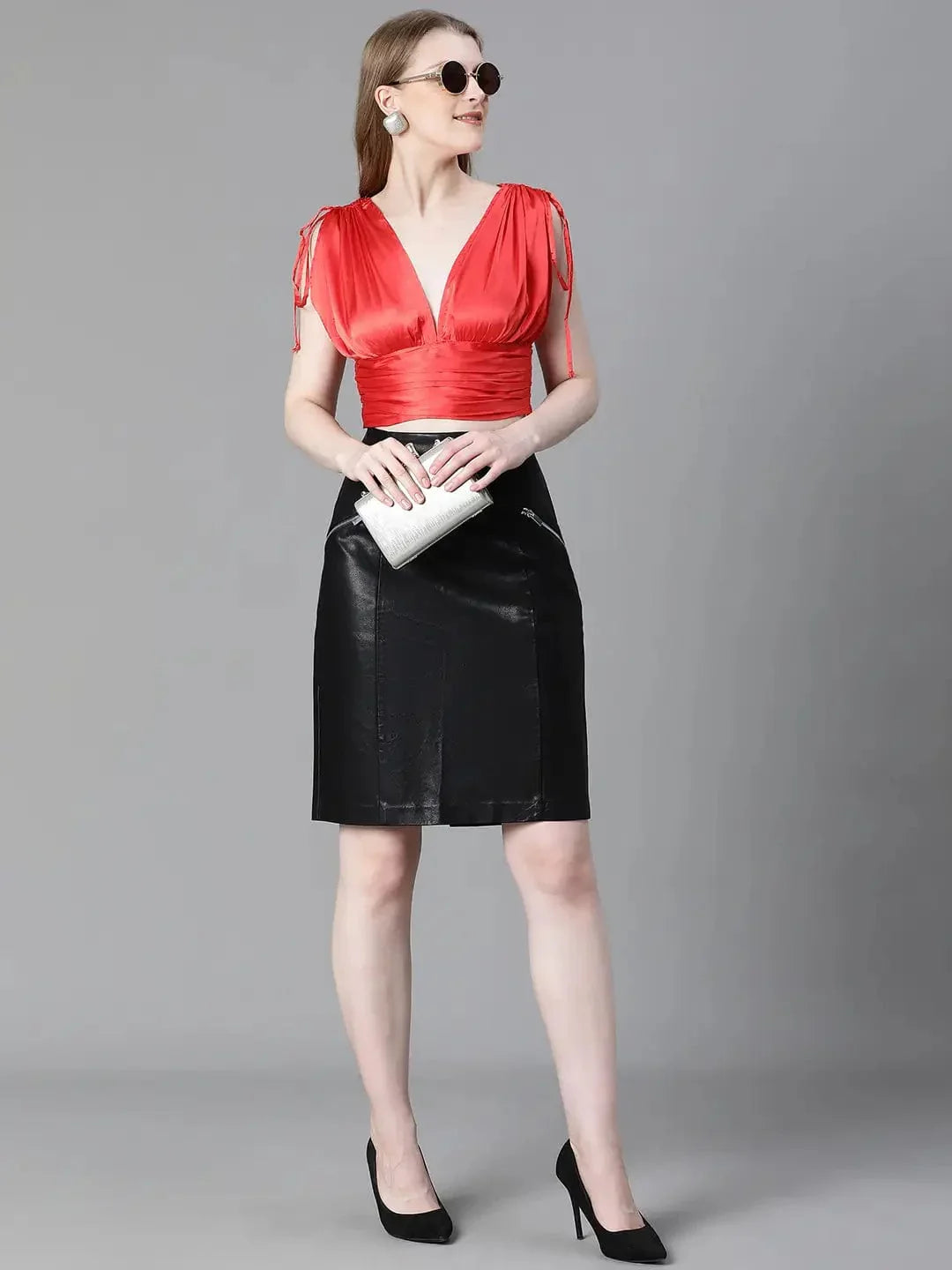 Women Solid Red V-Neck Elasticated Tie-Up Satin Crop Top - oxolloxo