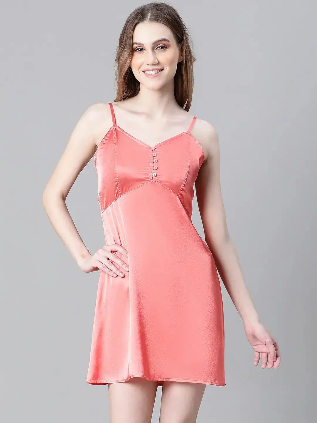 Women Red V-Neck Shoulder Strap Sleeveless Nightwear Satin Dress - oxolloxo