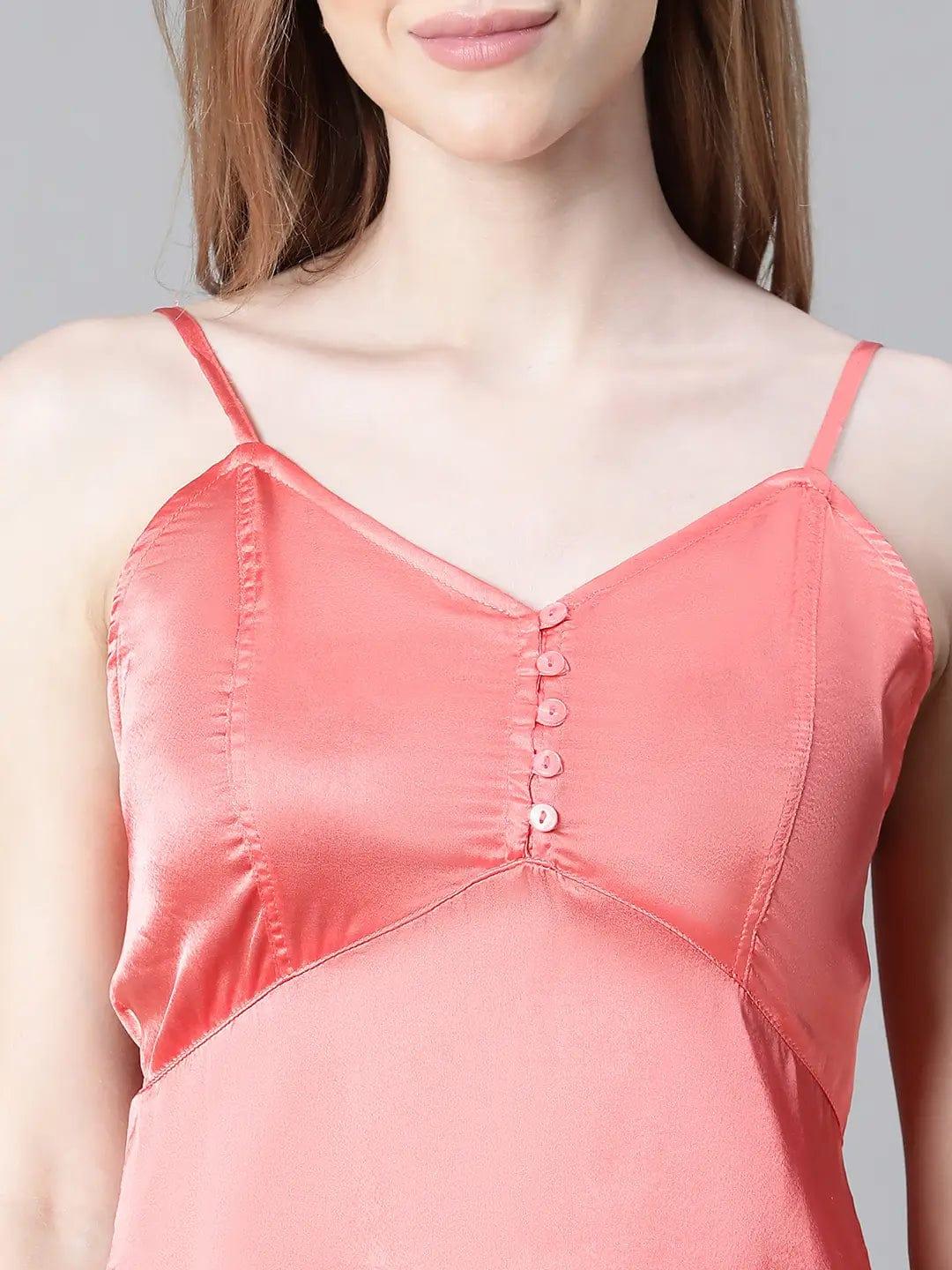 Women Red V-Neck Shoulder Strap Sleeveless Nightwear Satin Dress - oxolloxo