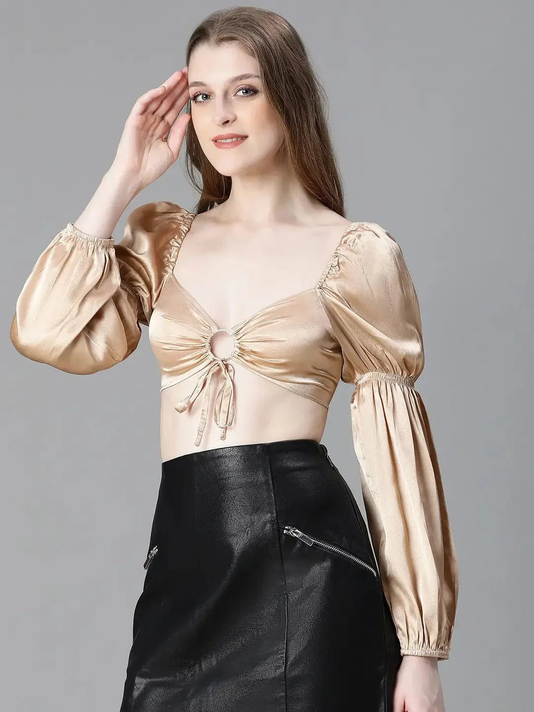 Women Soild White V-Neck Ring With Tie-Up Detailed Satin Crop Top - oxolloxo
