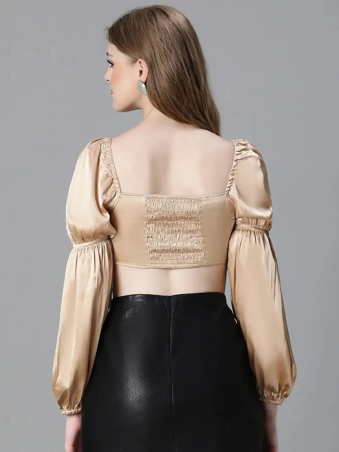 Women Soild White V-Neck Ring With Tie-Up Detailed Satin Crop Top - oxolloxo