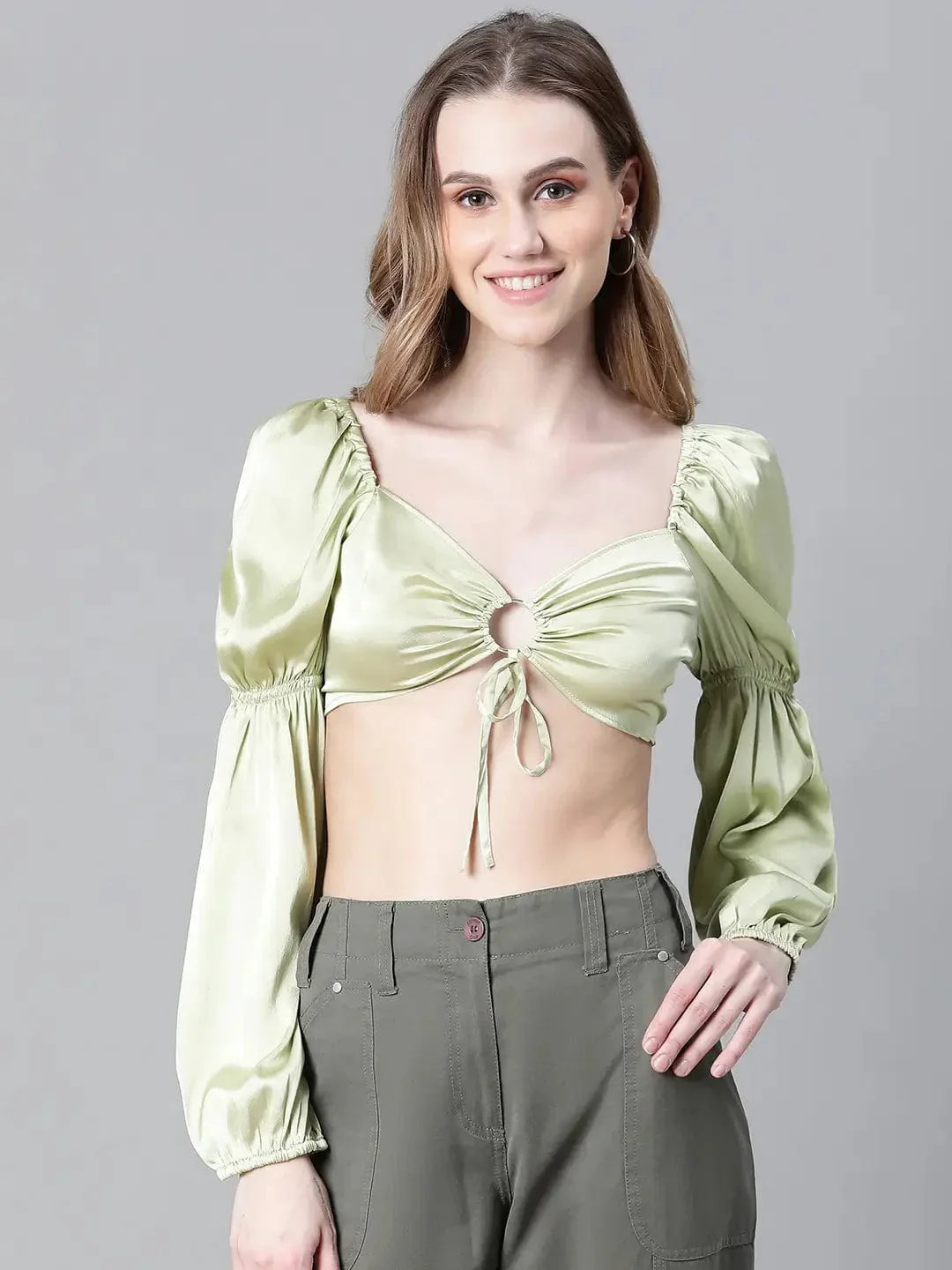 Women Soild Green V-Neck Ring With Tie-Up Detailed Satin Crop Top - oxolloxo