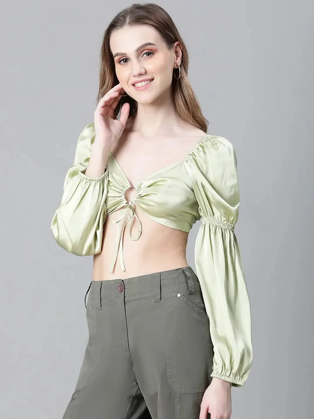 Women Soild Green V-Neck Ring With Tie-Up Detailed Satin Crop Top - oxolloxo